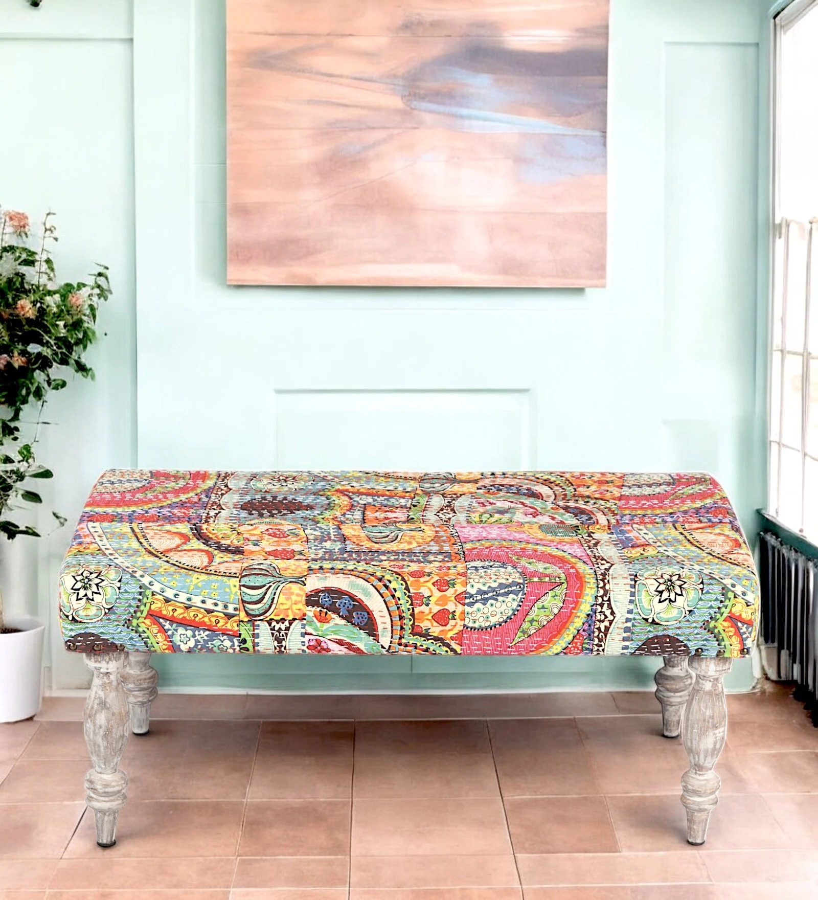 2 Seater Patchwork Kantha Bench – Artistic Upholstered Seating | Swani Furniture