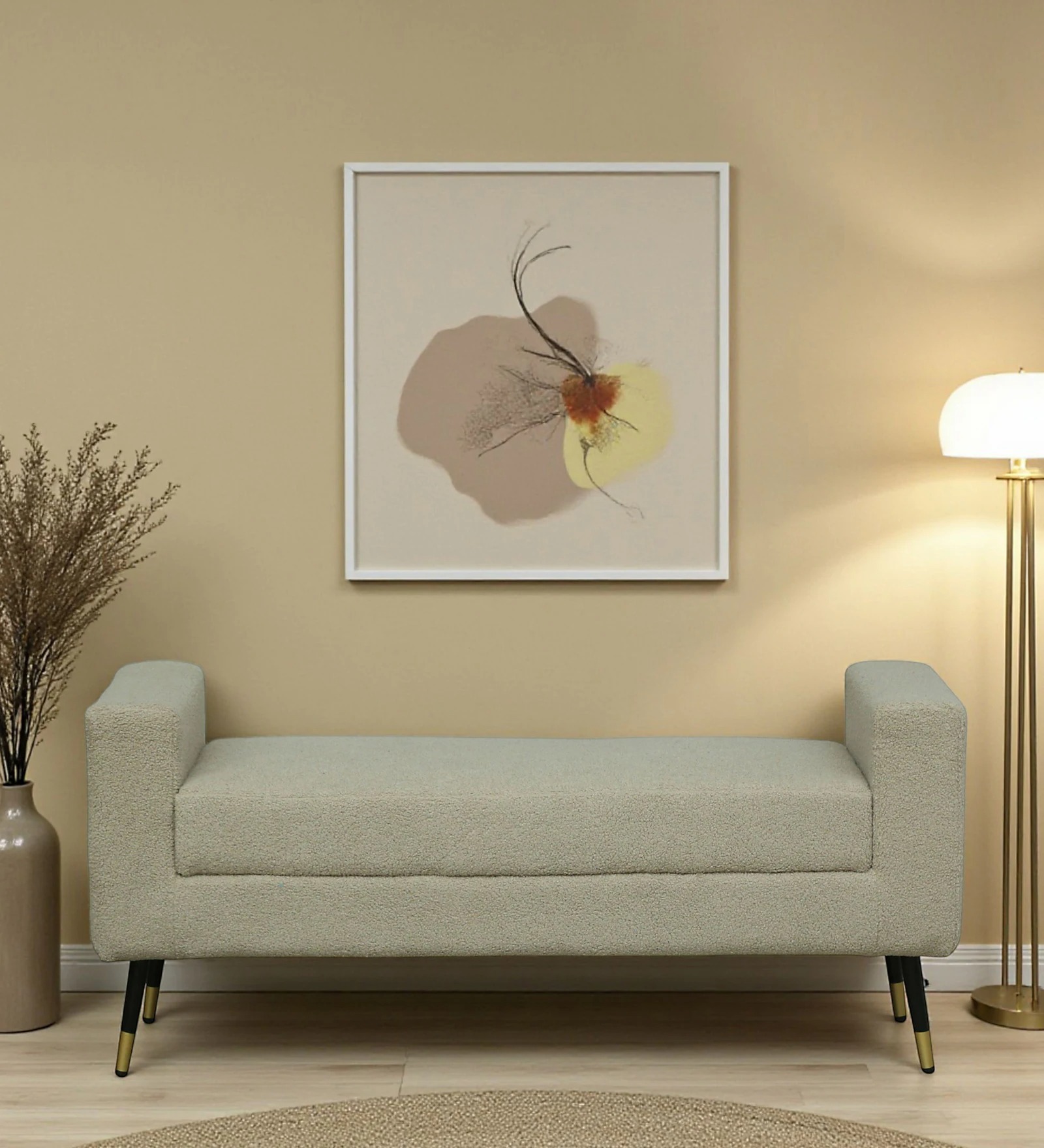 Boucle Fabric Bench in Lunar Grey – Modern Upholstered Accent Bench | Swani Furniture