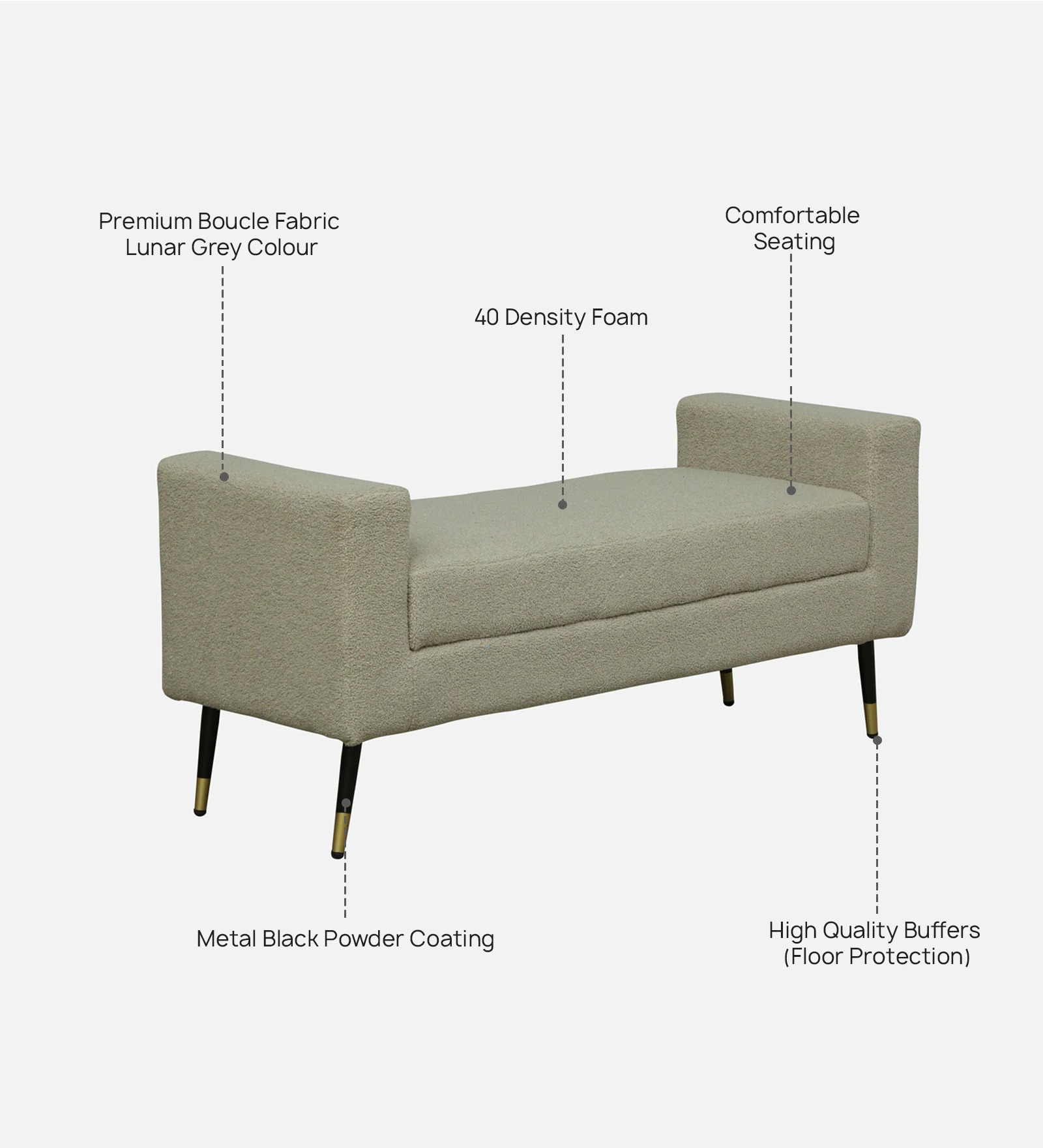 Boucle Fabric Bench in Lunar Grey – Modern Upholstered Accent Bench | Swani Furniture - Image 3