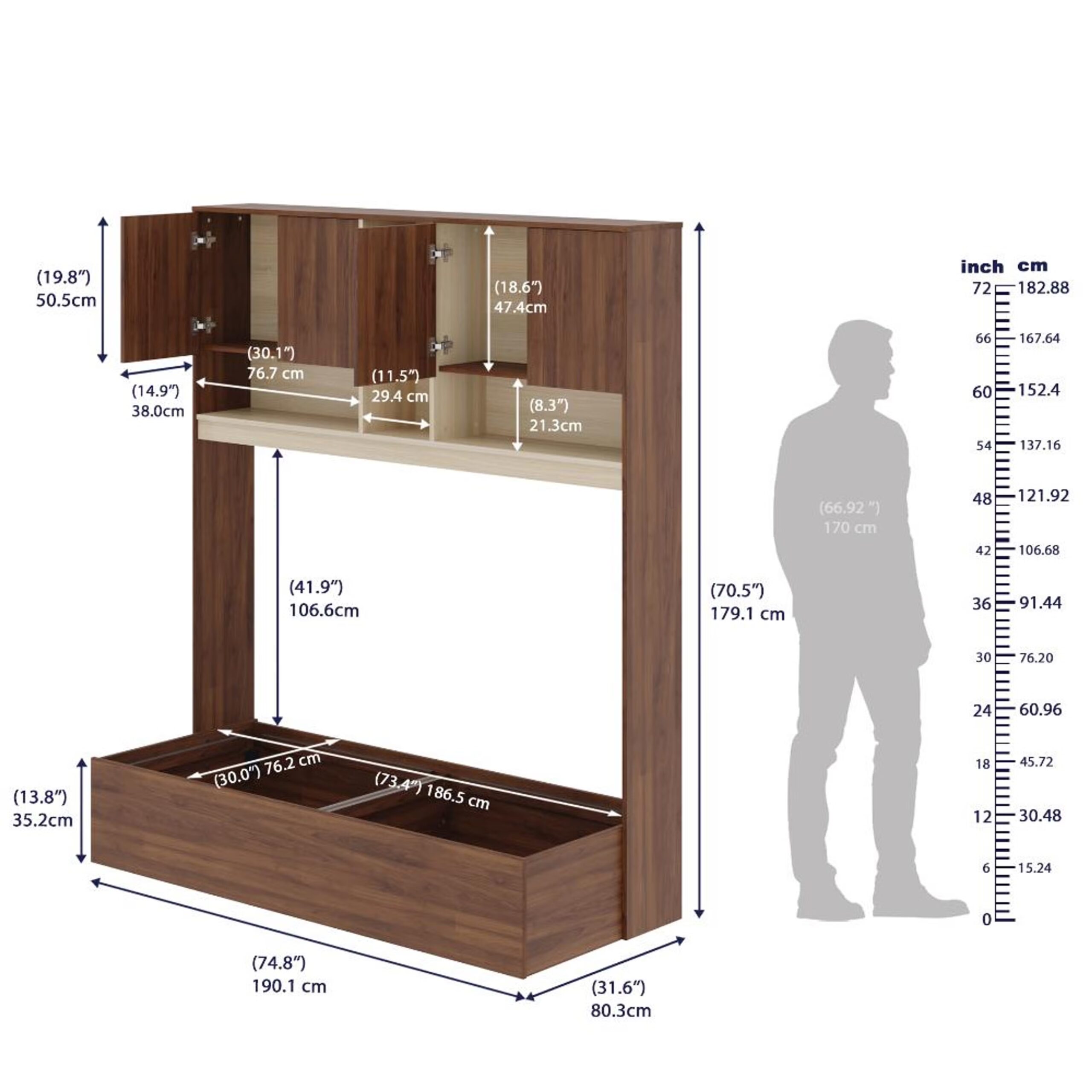 Swani Furniture Mantis Kids Bed with Storage (78x30 Inch) – Columbia Walnut Wooden Single Bed with Drawers - Image 2