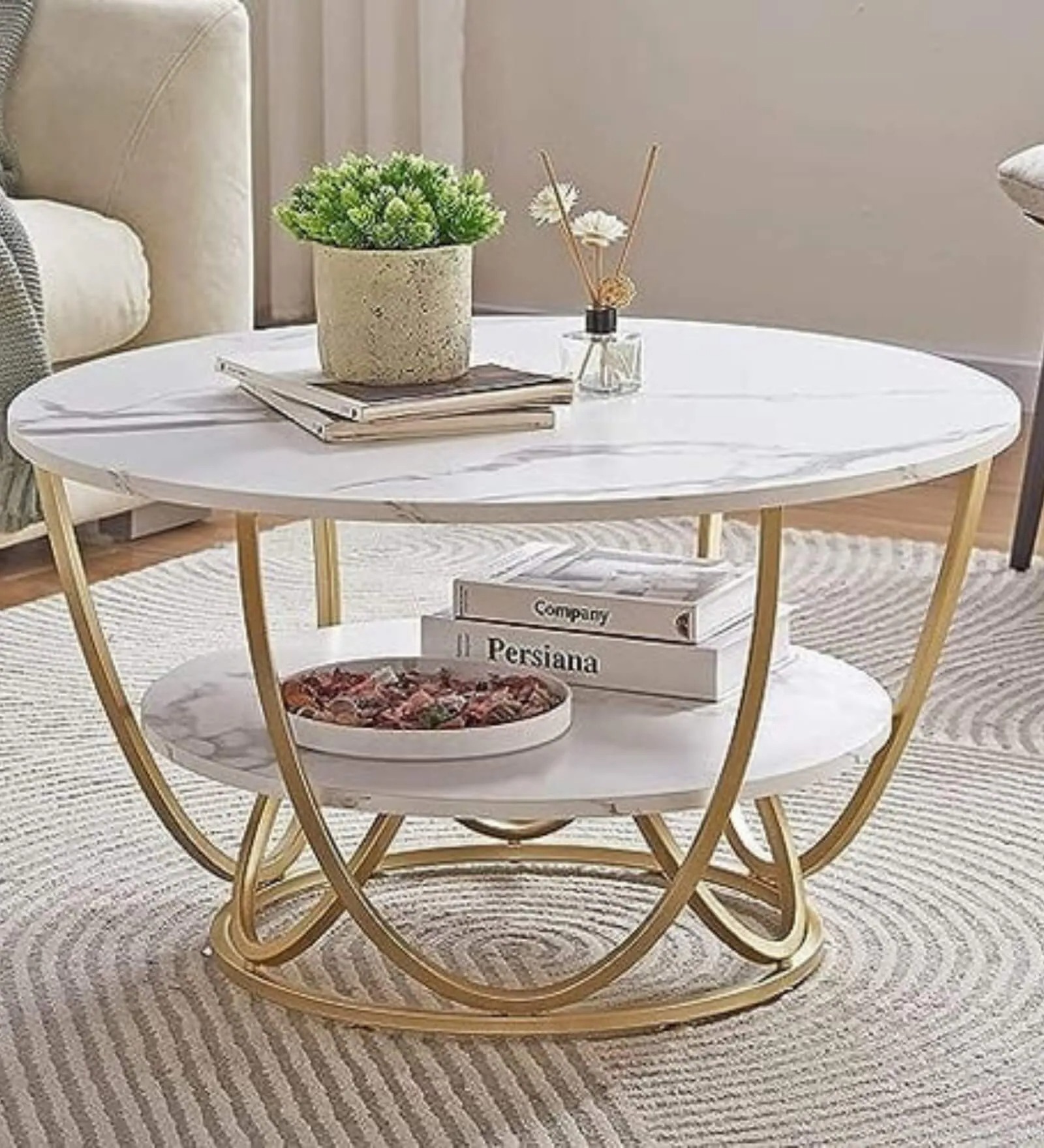 Swani Furniture Round 2-Tier Marble Top Coffee Table in Gold Finish – Modern Luxury Center Table for Living Room