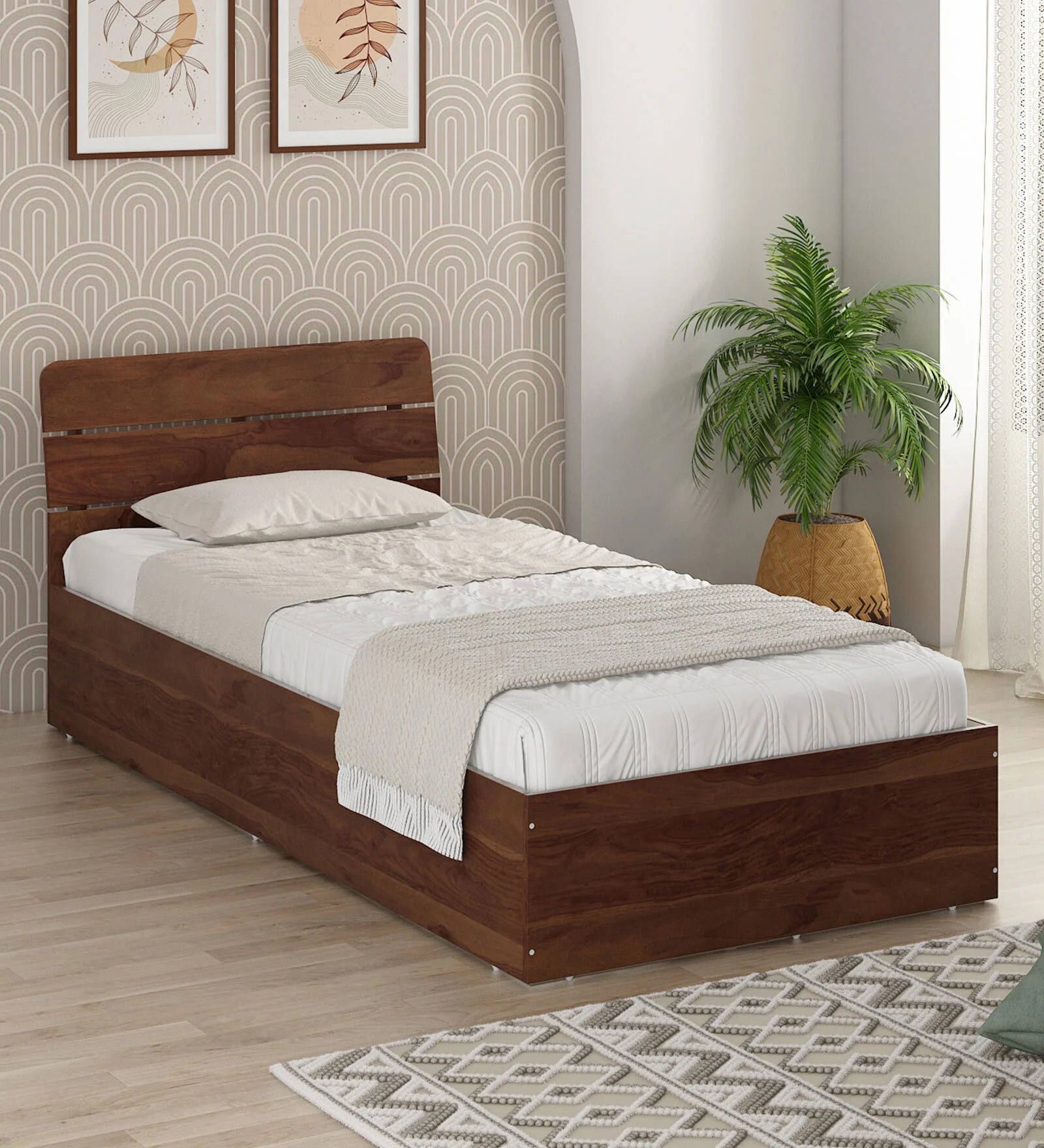 Swani Furniture Solace Single Bed in Sheesham Finish with Box Storage – Wooden Single Bed with Storage