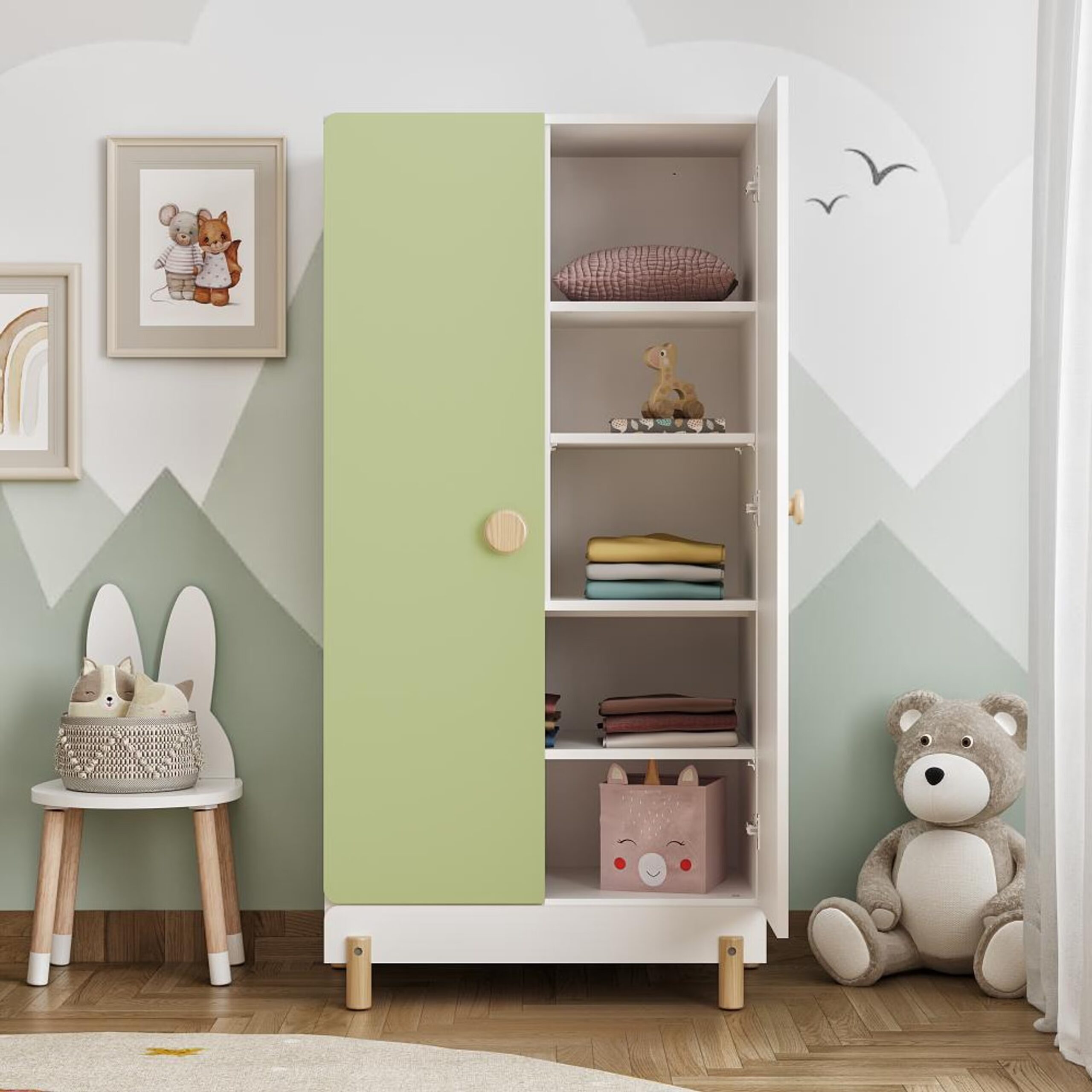Swani Furniture Glori Kids Wardrobe (60x30 Inch) – Frosty White & Mellow Green | 2-Shutter Engineered Wood Kids Almirah with Storage