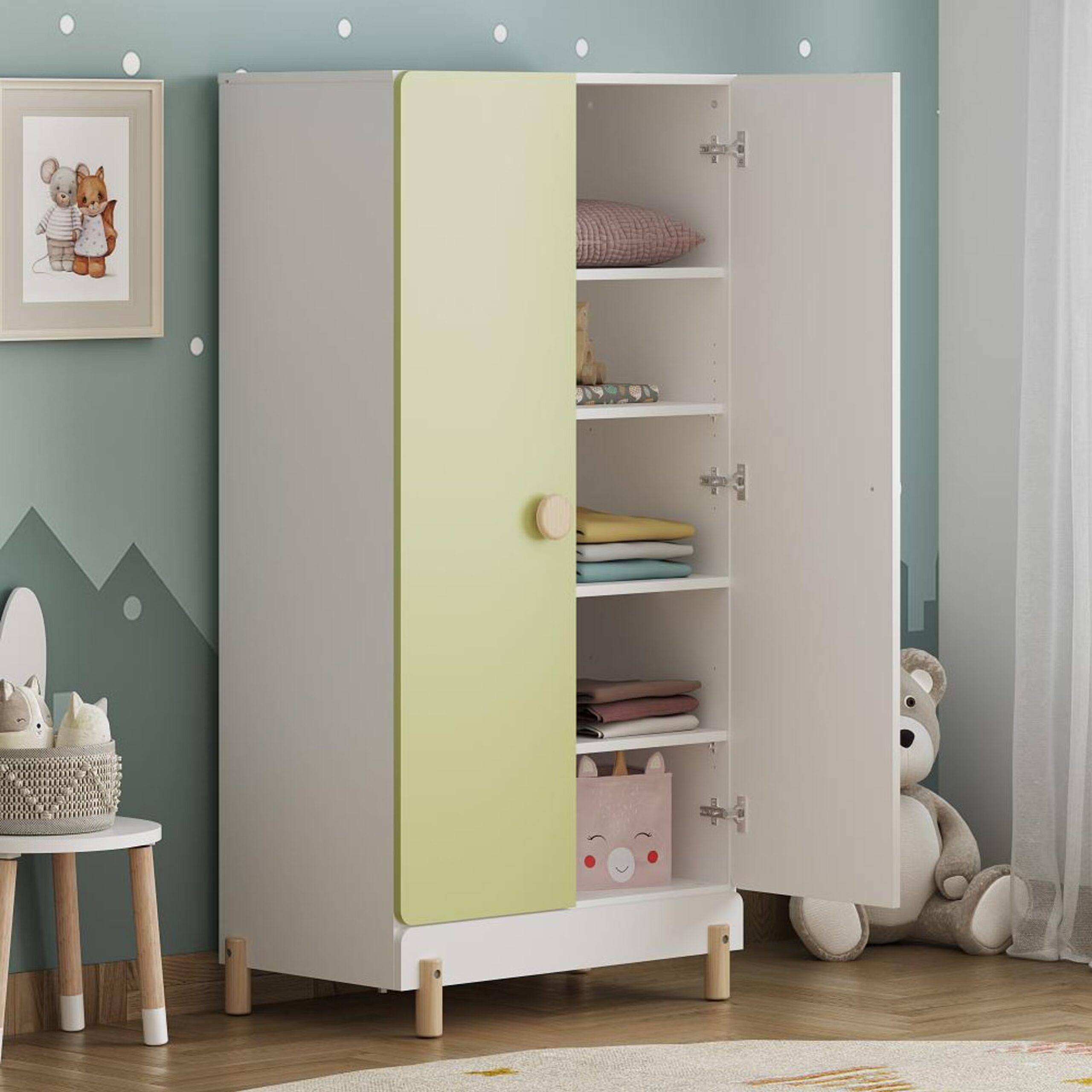 Swani Furniture Glori Kids Wardrobe (60x30 Inch) – Frosty White & Mellow Green | 2-Shutter Engineered Wood Kids Almirah with Storage - Image 2