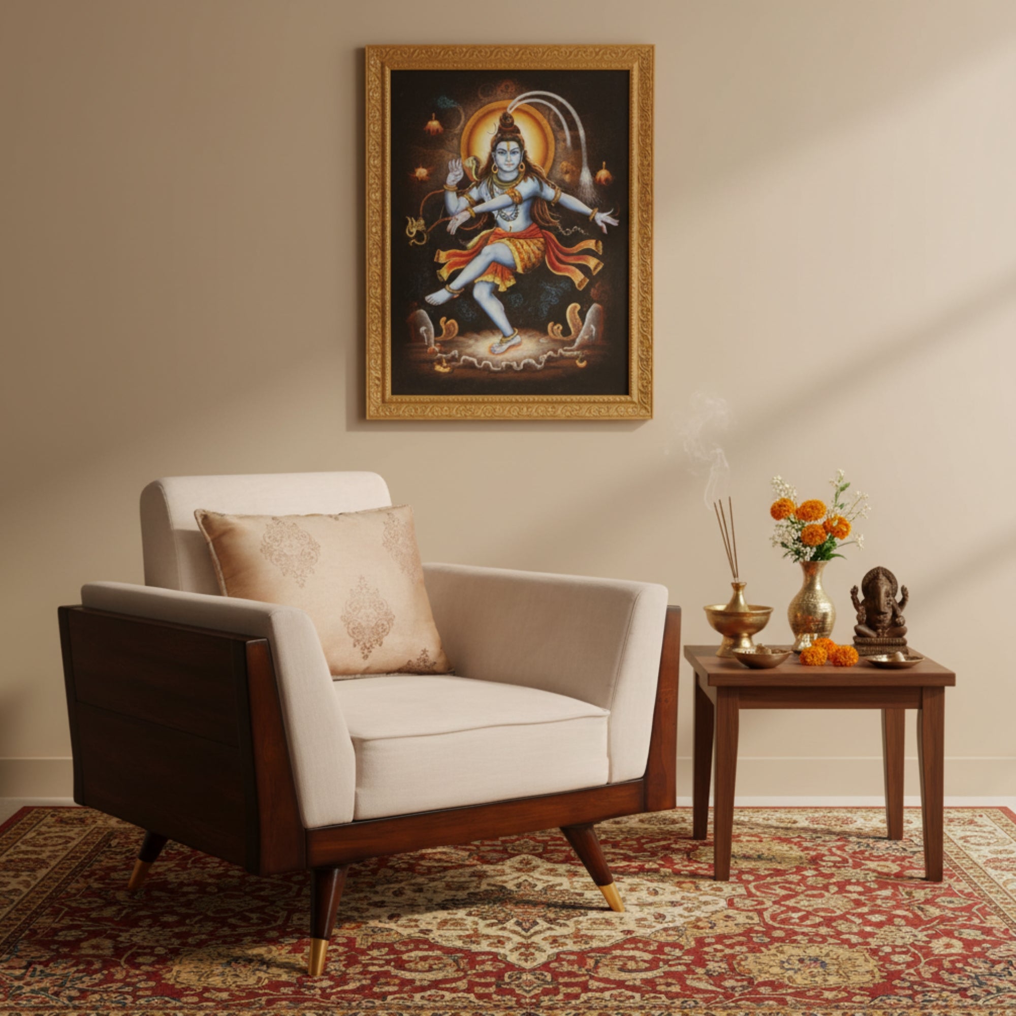 Swani Aspen Premium Wooden 1-Seater Sofa – Luxury Fabric Accent Chair