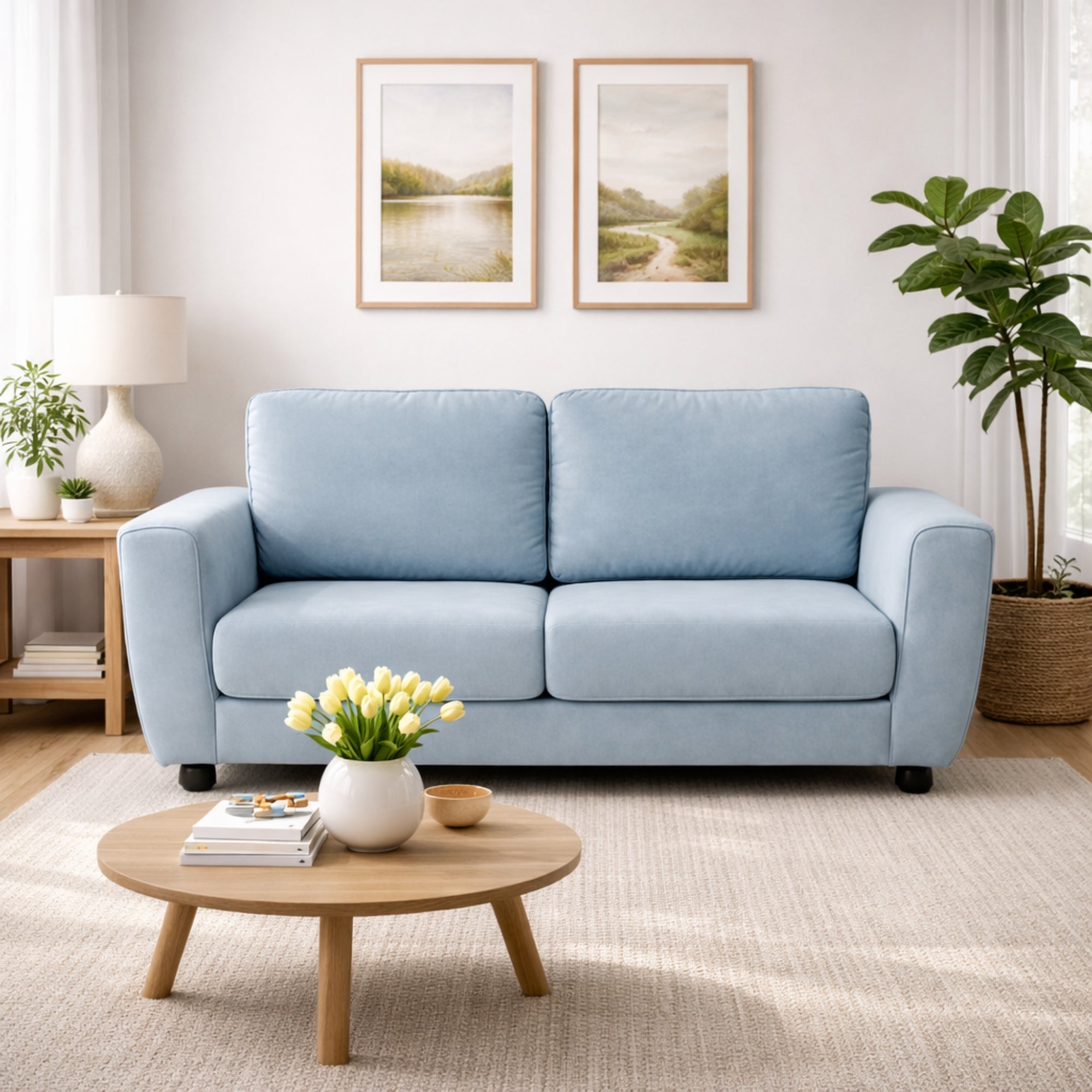 Swani Space Light Blue 2-Seater Sofa – Modern Fabric Couch for Living Room
