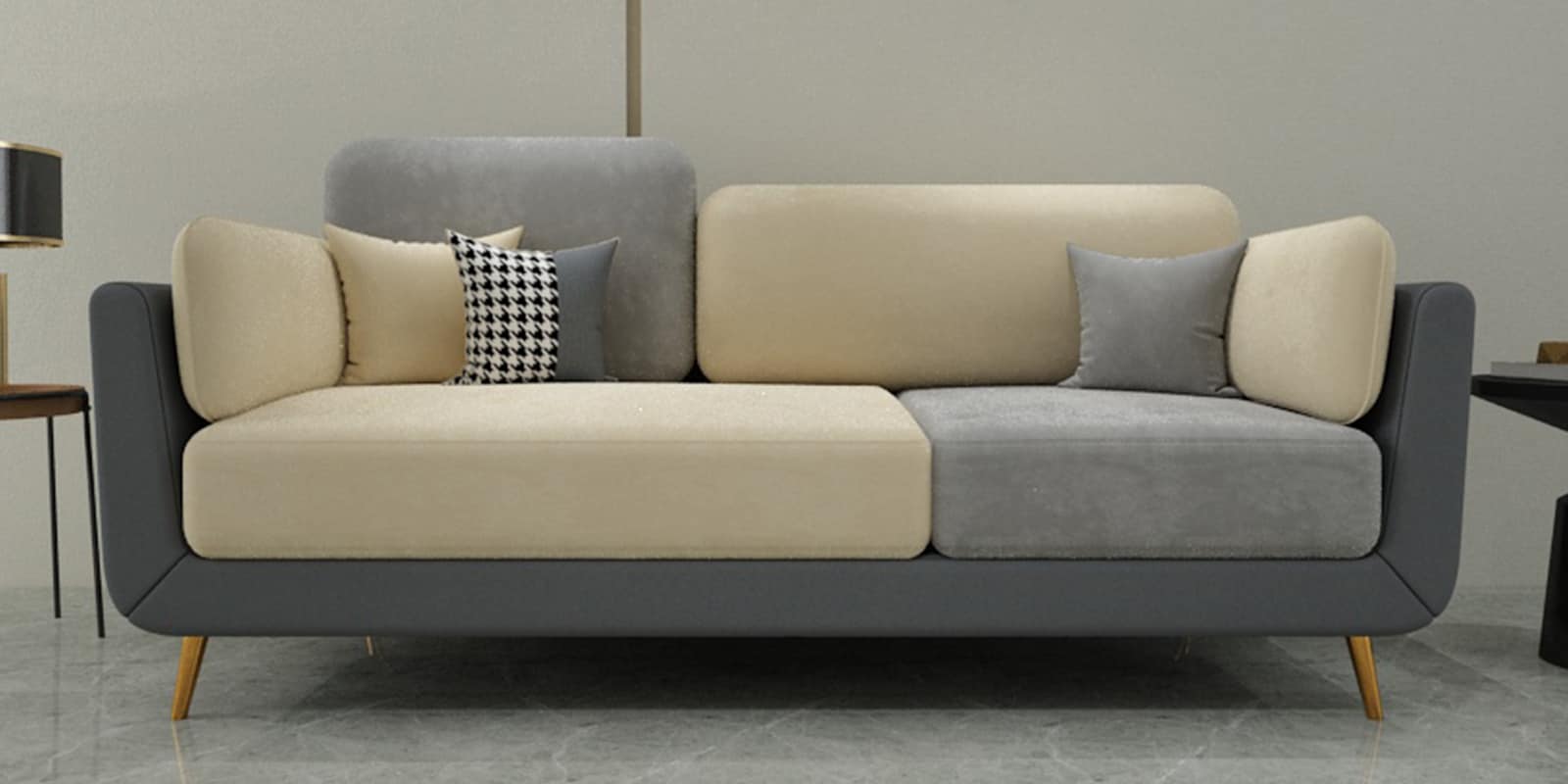 Swani Montez Velvet 3-Seater Sofa – Luxury Grey & Beige Modern Couch