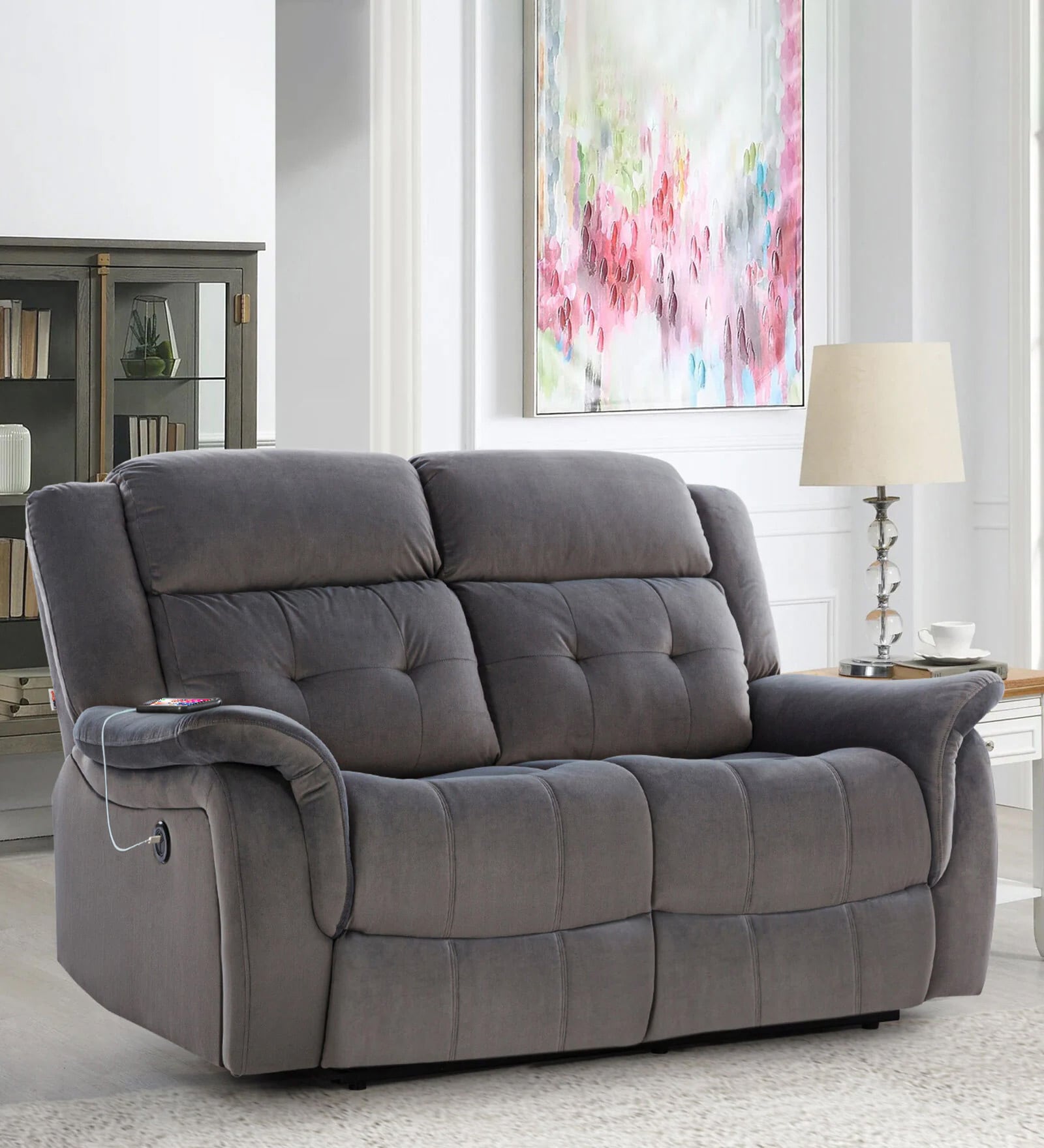 Swani Furniture Norton 2 Seater Motorised Recliner Sofa with Charging Port – Grey Velvet Finish