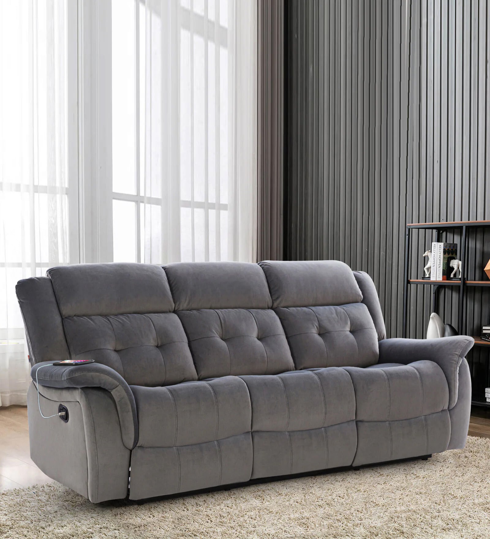 Swani Furniture Norton 3 Seater Motorised Recliner Sofa with Charging Port – Grey Velvet Finish