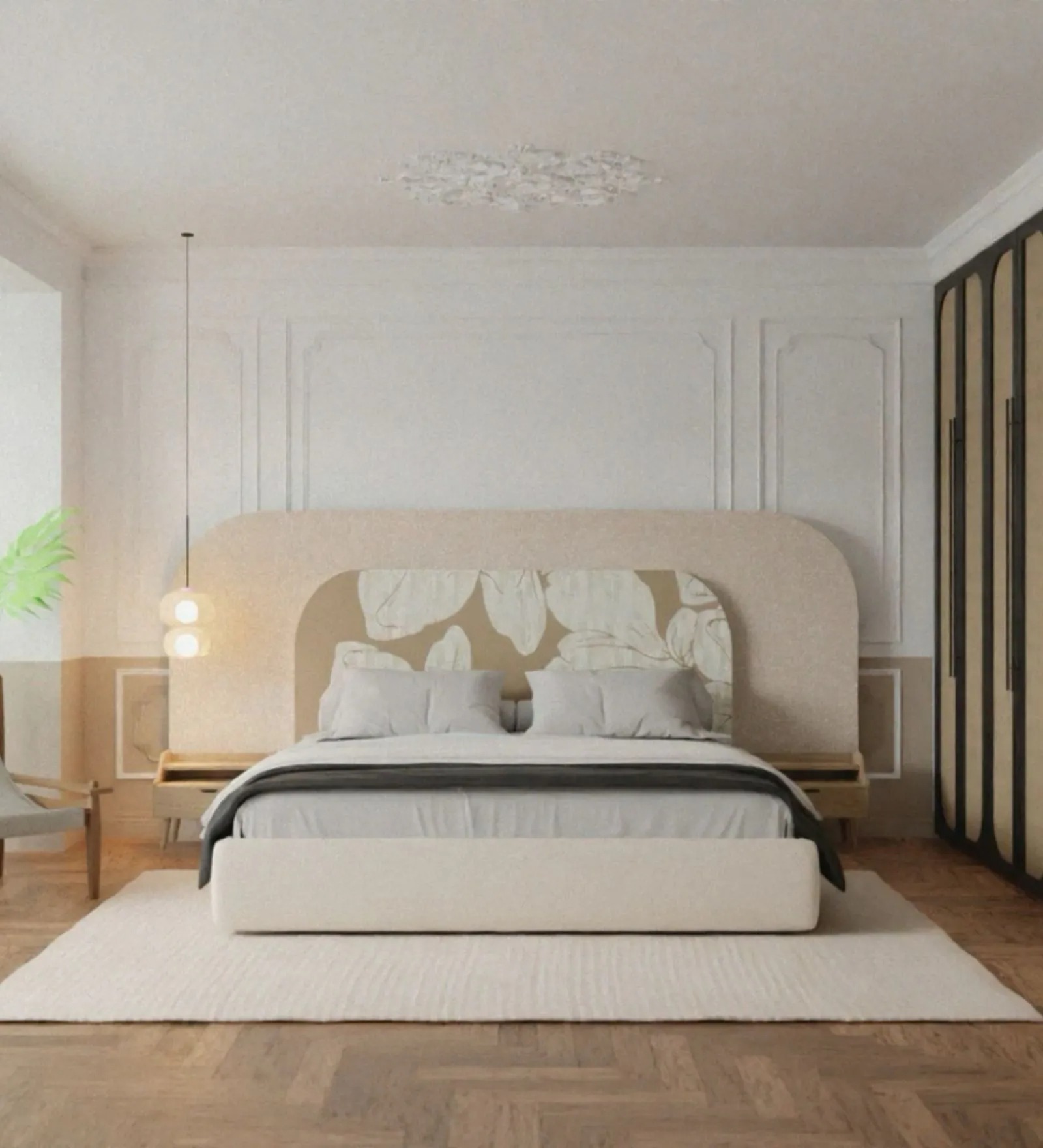 Swani Furniture Aurora Inlay Queen Size Bed in Beige Colour