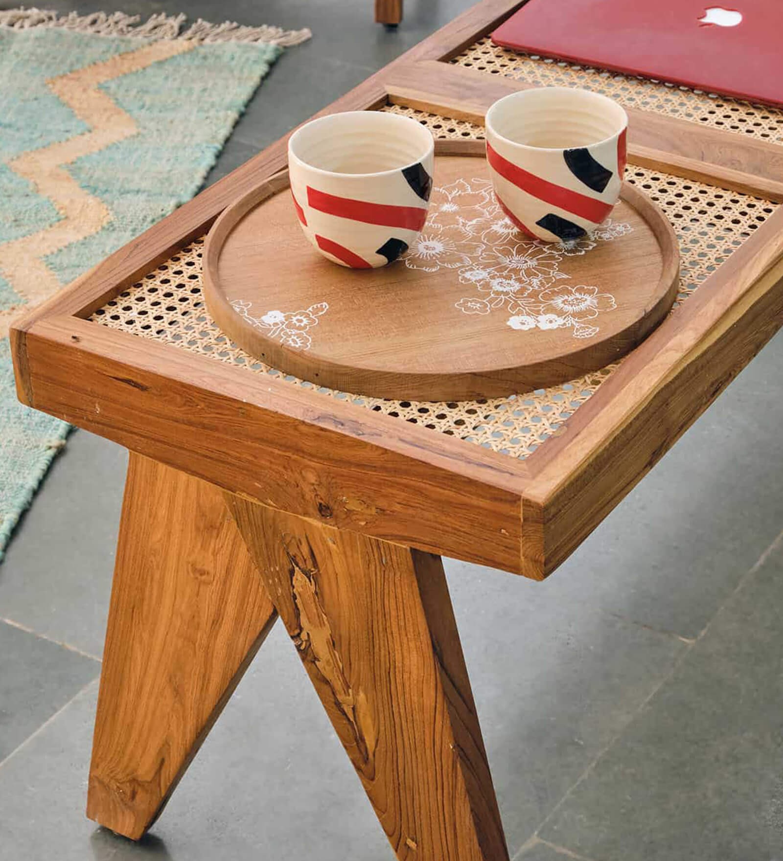 Swani Furniture Civic Teak Wood Bench in Natural Finish with Rattan Top - Image 4