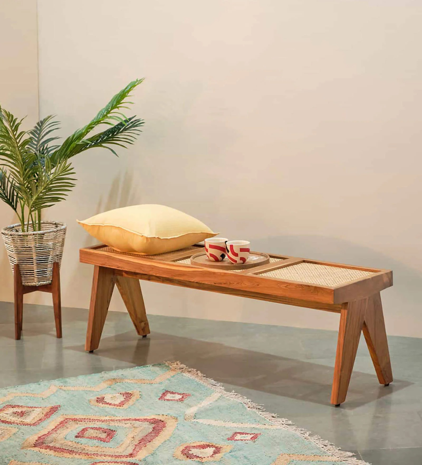 Swani Furniture Civic Teak Wood Bench in Natural Finish with Rattan Top