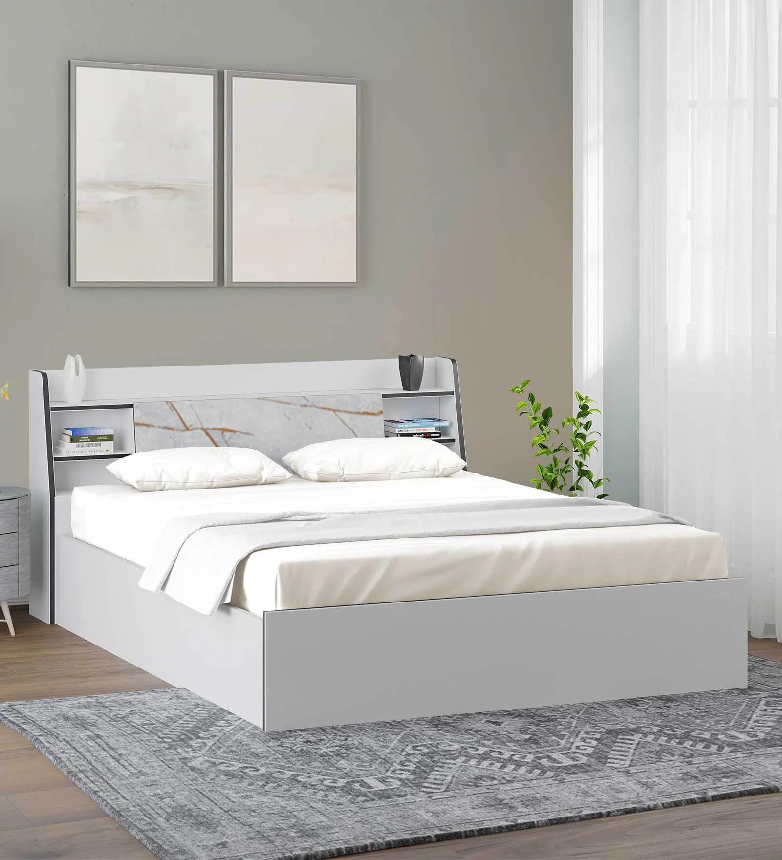 Swani Furniture Marbito Queen Size Bed in White Finish with Box Storage