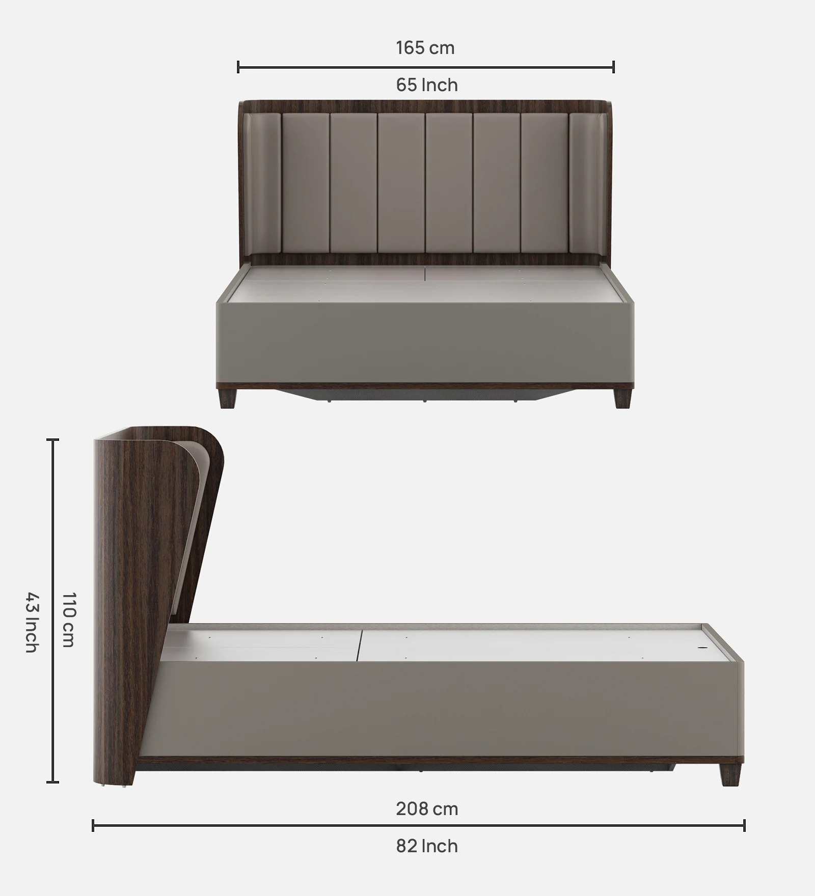 Swani Furniture Adore Queen Size Bed with Leatherette Upholstered Headboard & Hydraulic Storage – Sahara Beige & Dark Brown Eucalyptus Finish - Image 2