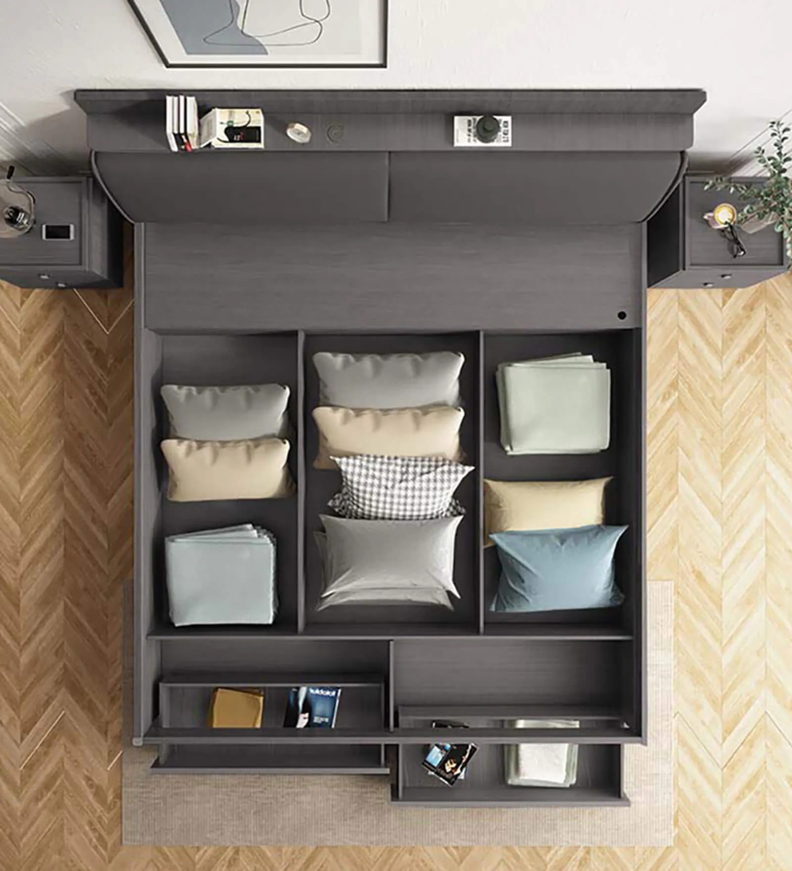 Swani Furniture Tivoli Queen Size Bed with Hydraulic Storage & Upholstered Headboard – Black & Walnut Finish - Image 10