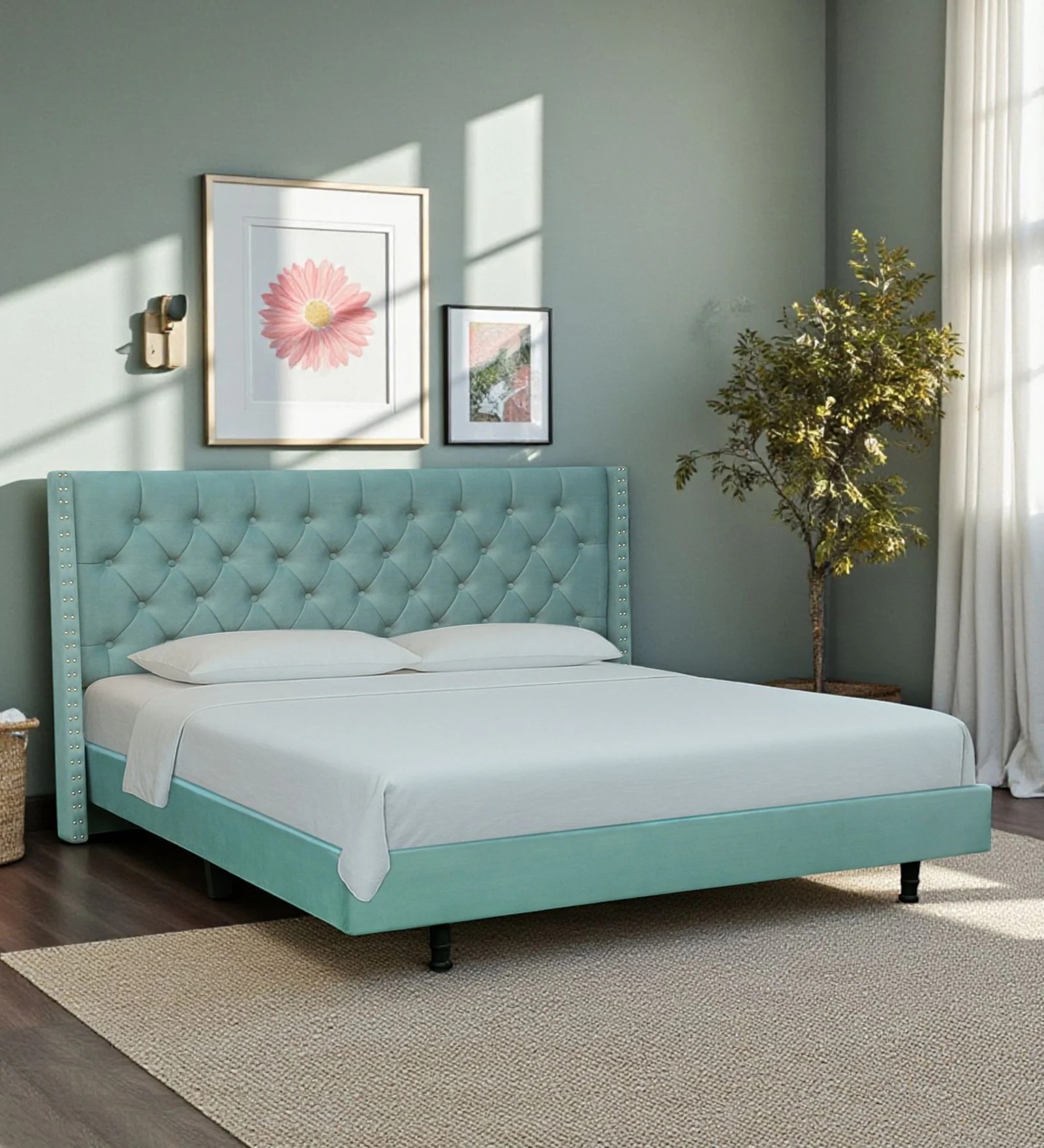 Swani Furniture Maraya Upholstered King Size Bed in Teal Green Color