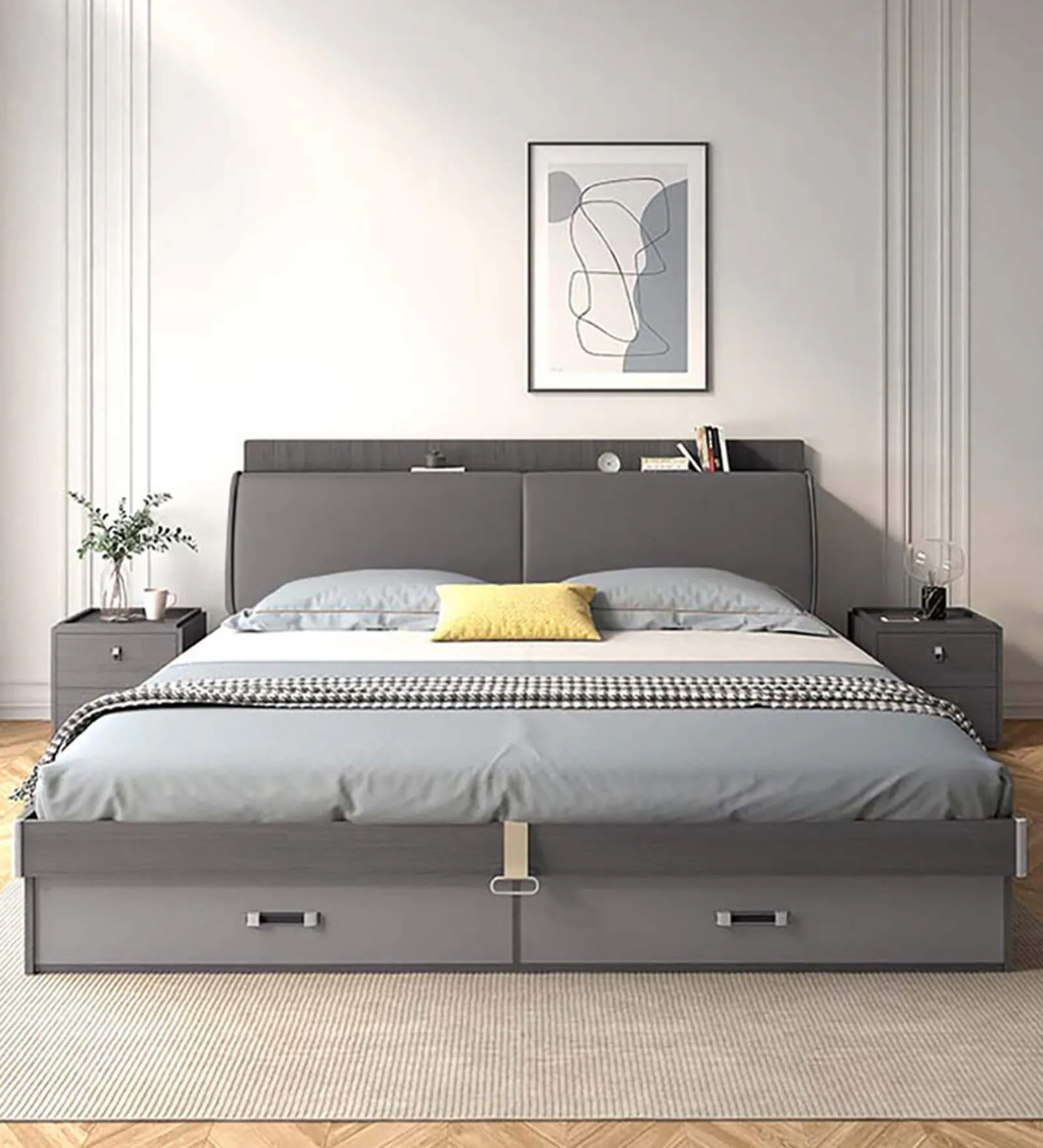 Swani Furniture Tivoli Queen Size Bed with Hydraulic Storage & Upholstered Headboard – Black & Walnut Finish