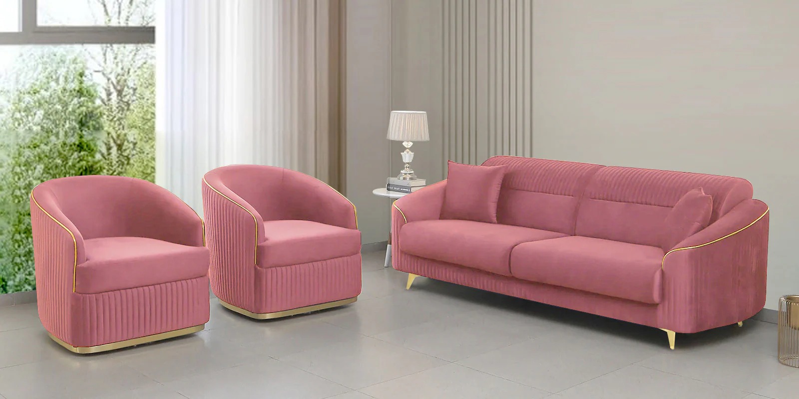 Swani Victoria Velvet Sofa Set – Onion Pink Colour (3+1+1)
