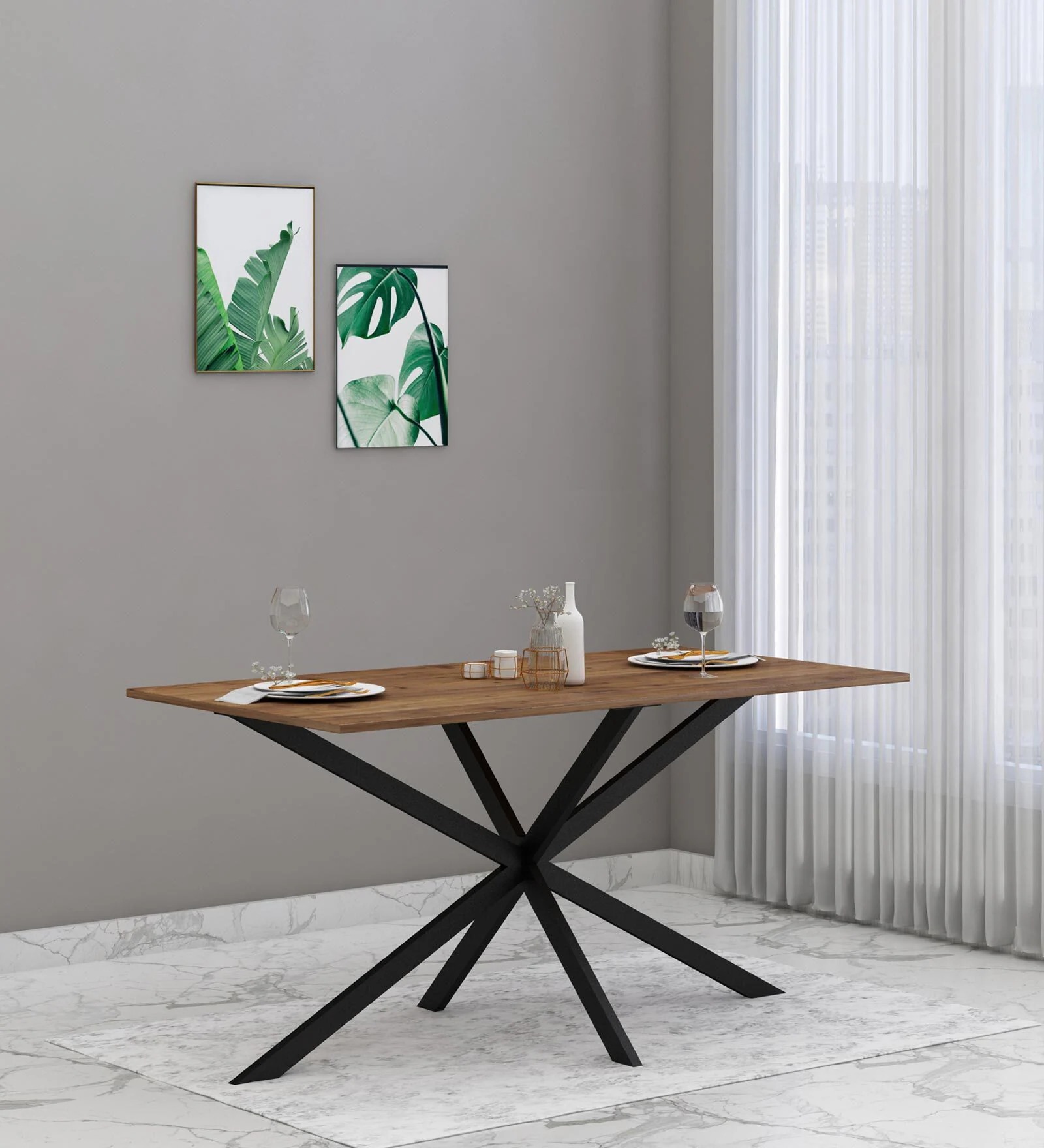 Swani Heather 6-Seater Dining Table – Knottywood & Black Finish