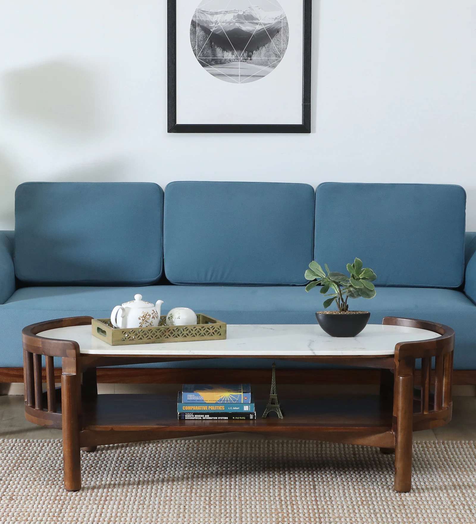 Swani Furniture Finnmark Sheesham Wood Oval Coffee Table – Scratch-Resistant Provincial Teak Finish with Marble Top