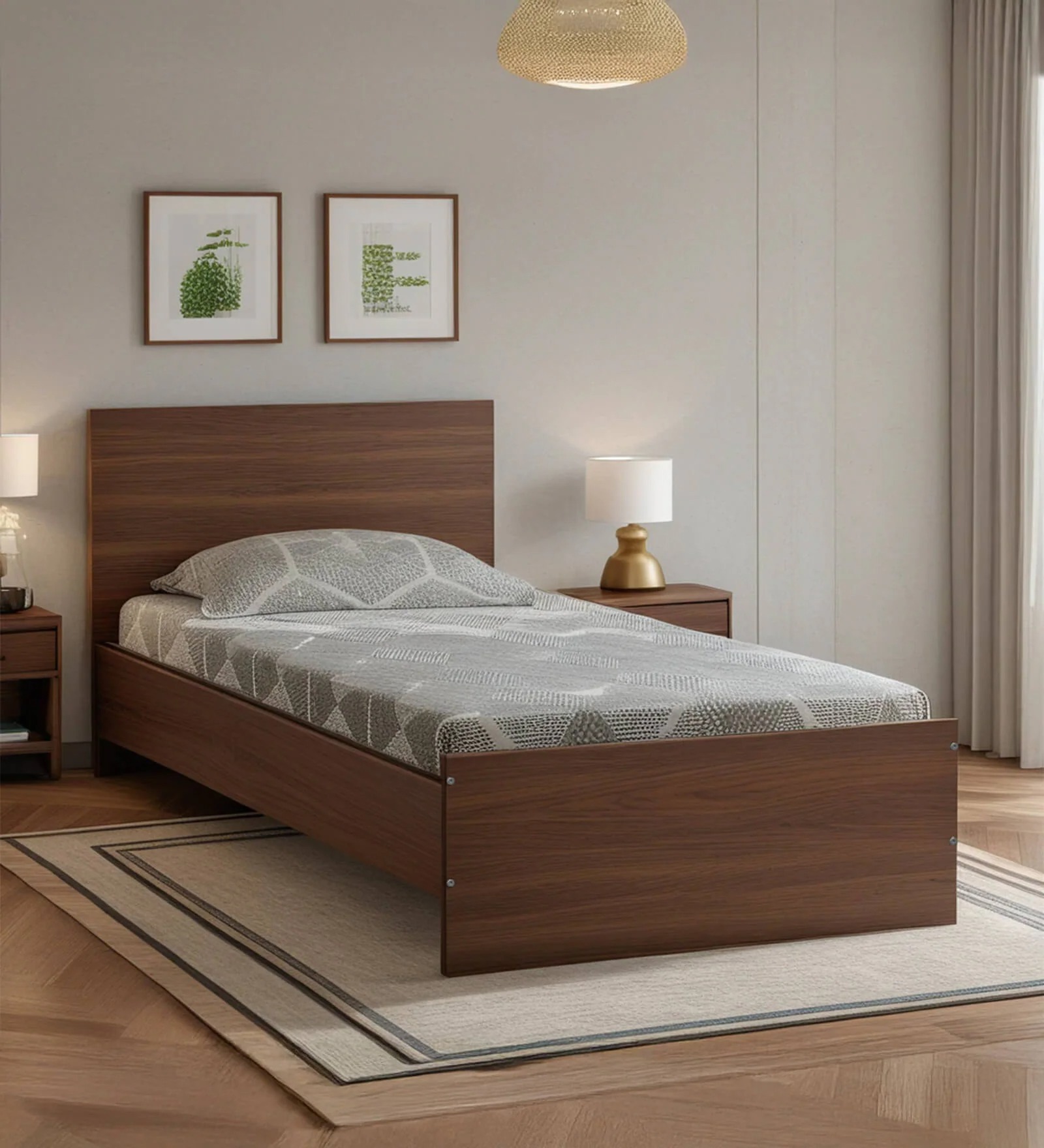 Single Bed in Planked Walnut Finish – Sturdy & Stylish Bedroom Furniture | Swani Furniture