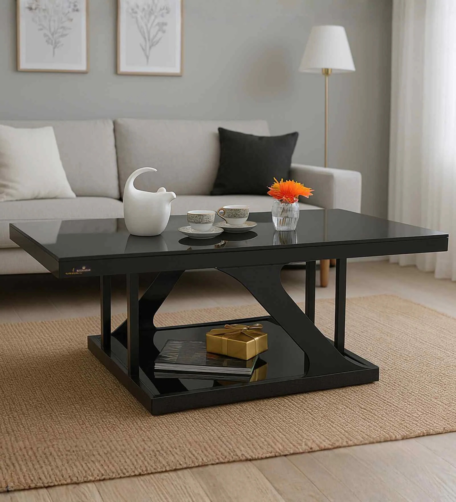 Swani Furniture Ipoh Rectangular Glass Top Coffee Table – Black Finish for Modern Living Room