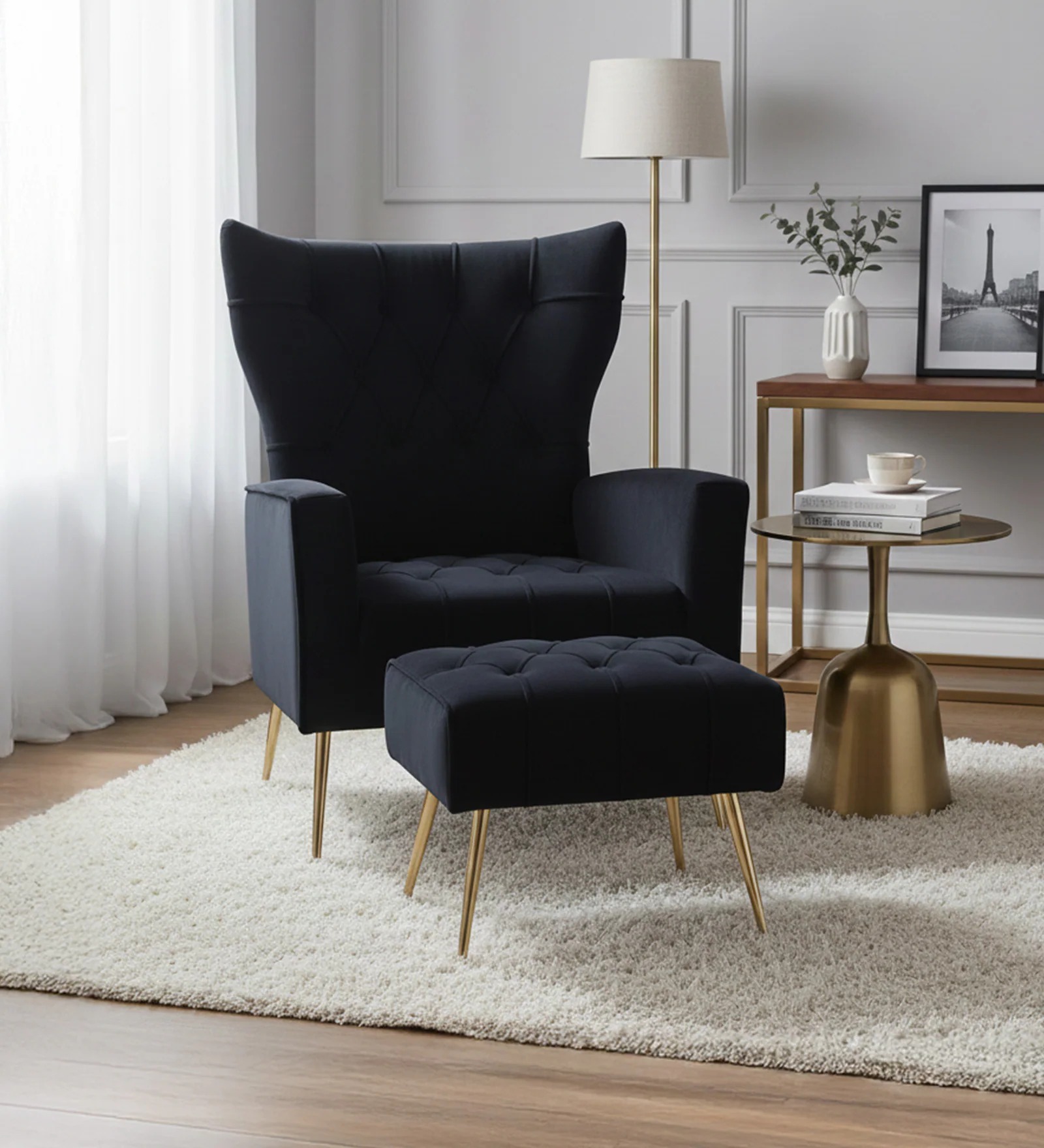 Black Velvet Wing Chair with Ottoman – Luxury Accent Chair & Footrest Set | Swani Furniture