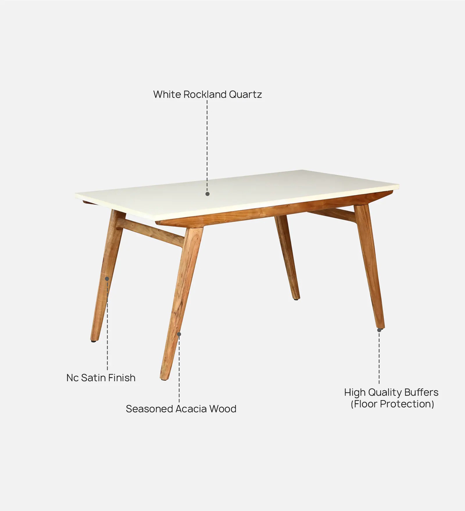 Swani Kastav Acacia Wood 6-Seater Dining Table – White Rockland Quartz Top, Natural Finish - Image 3