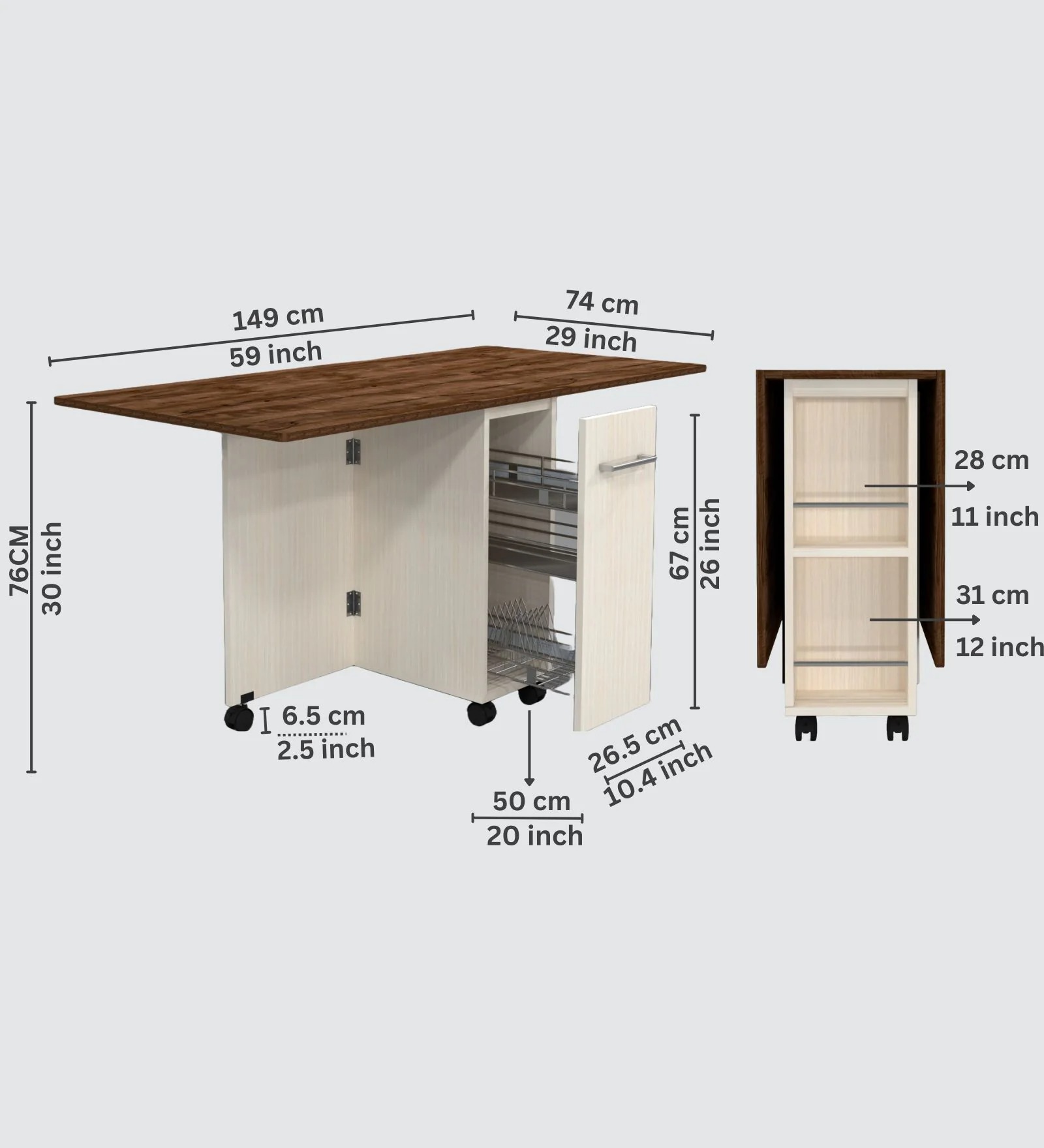 Swani Adam Folding Dining Table with Crockery Unit & Storage Shelf – Cochwood Brown & Highland Pine Finish - Image 4
