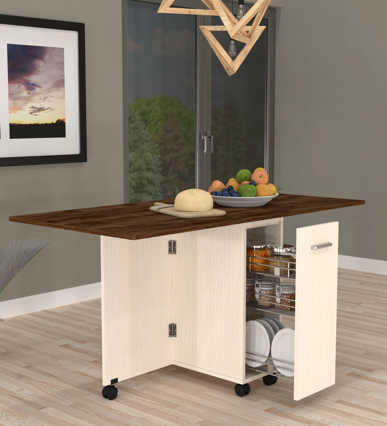 Swani Adam Folding Dining Table with Crockery Unit & Storage Shelf – Cochwood Brown & Highland Pine Finish