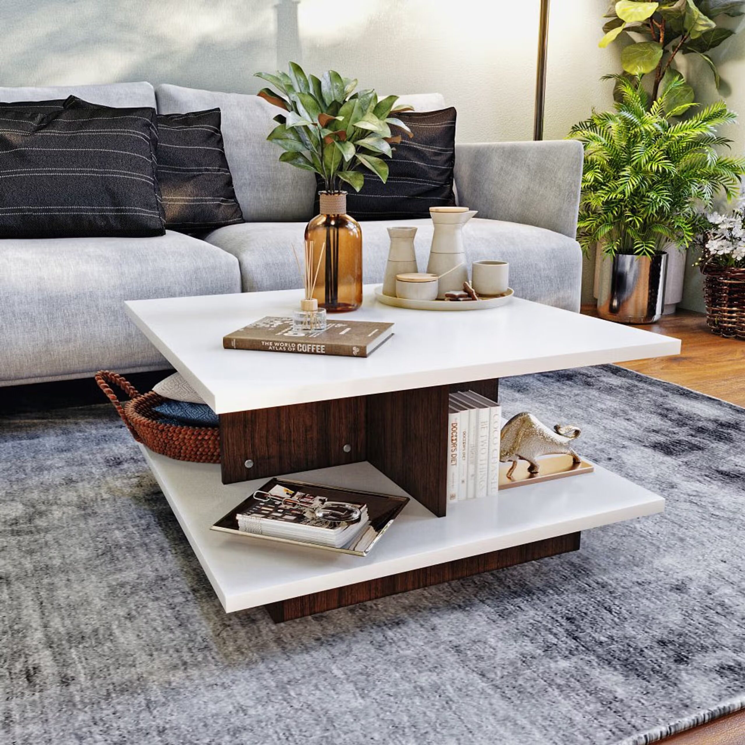 Swani Furniture Java Coffee Table – Frosty White & Dark Walnut Finish, Engineered Wood