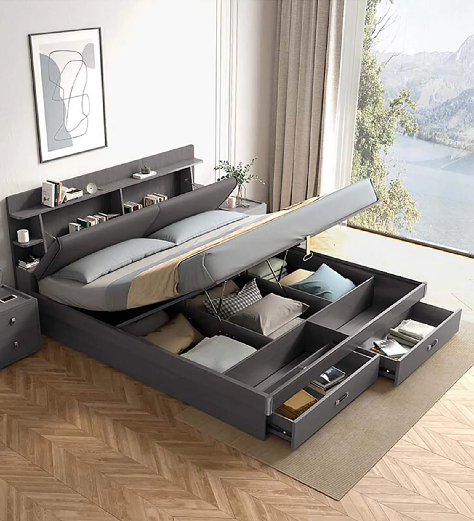 King Size Hydraulic Storage Bed with Upholstered Headboard – Black Walnut Finish | Swani Furniture - Image 3