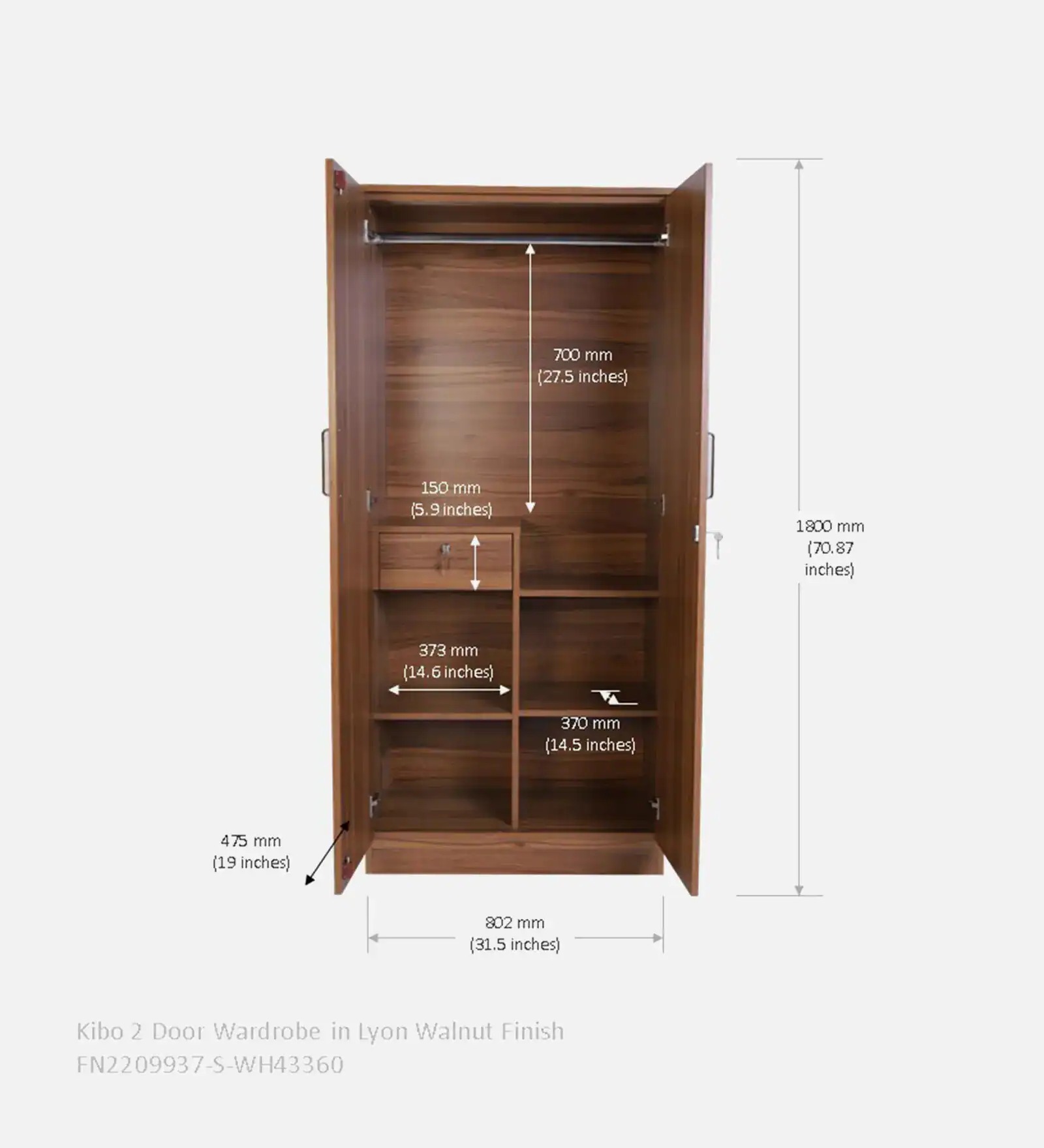 Swani Furniture Kibo 2 Door Wardrobe in Lyon Walnut Finish with Drawer – Wooden Almirah for Bedroom - Image 3