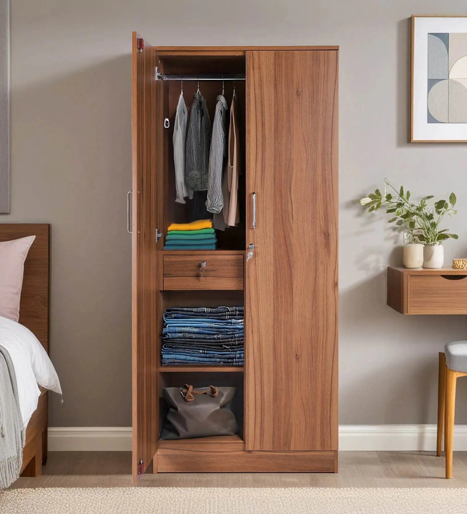 Swani Furniture Kibo 2 Door Wardrobe in Lyon Walnut Finish with Drawer – Wooden Almirah for Bedroom