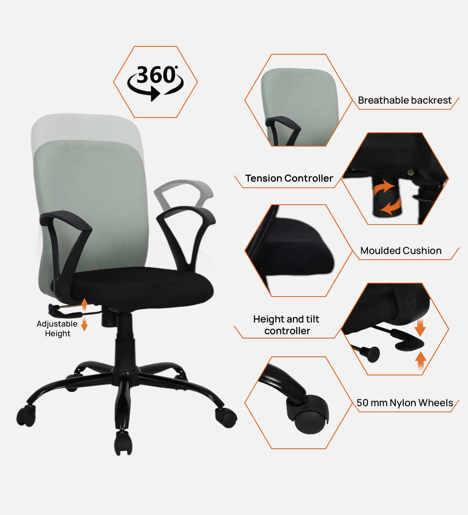 Mid Back Ergonomic Office Chair with Tilt Lock – Black & Grey | Swani Furniture - Image 4