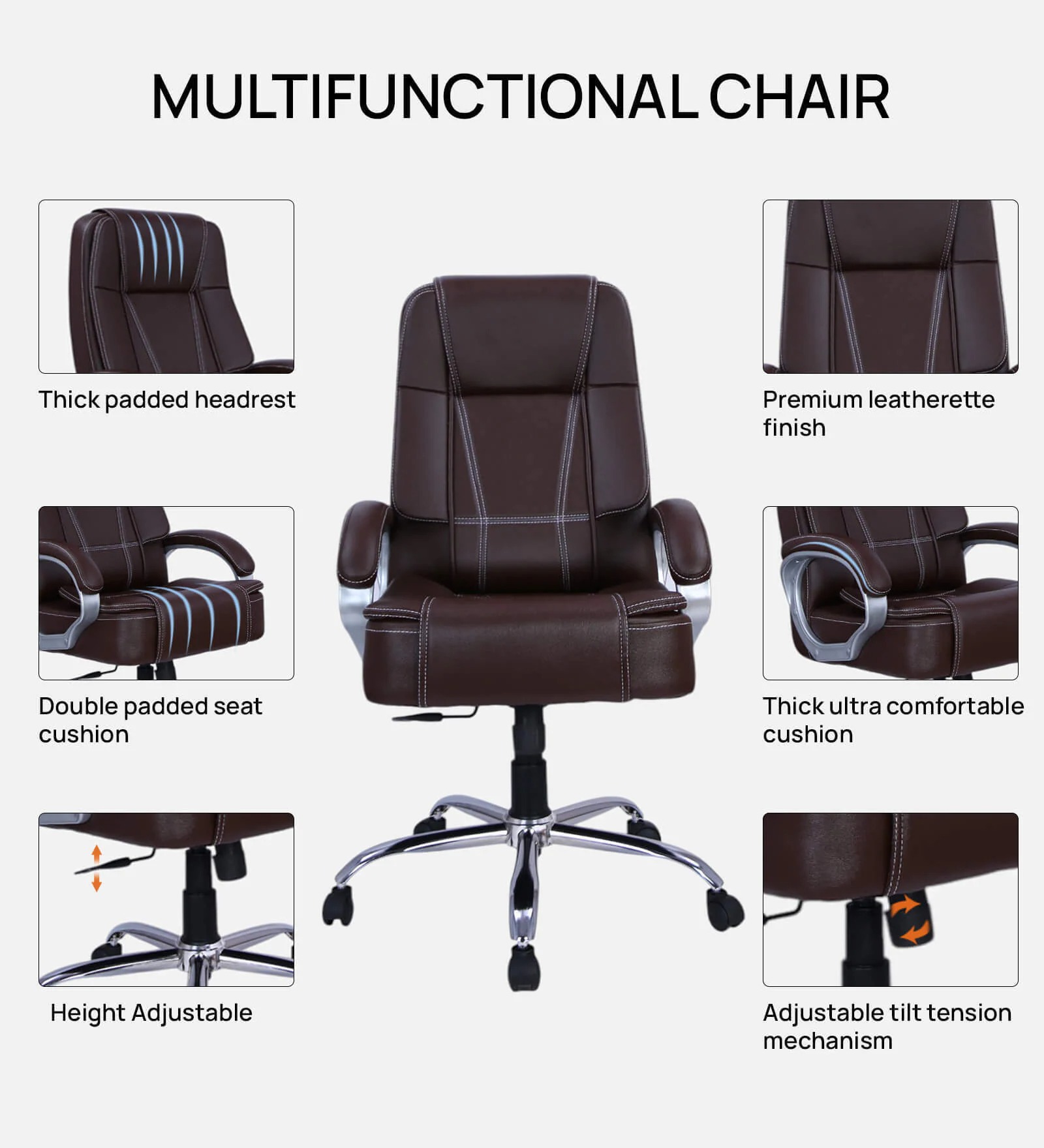 High Back Leatherette Executive Chair in Brown – Ergonomic Office Chair | Swani Furniture - Image 3